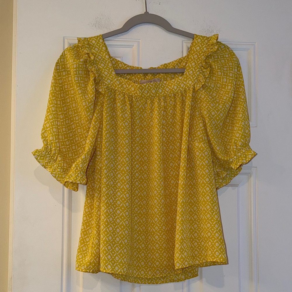 LOFT Yellow Patterned Blouse with Ruffle Sleeves